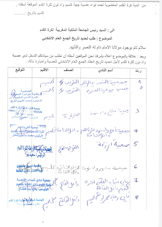 أندية جهة كلميم وادنون لكرة القدم تنتفض وتناشد لقجع التدخل لعقد الجمع العام الانتخابي للعصبة<br>
